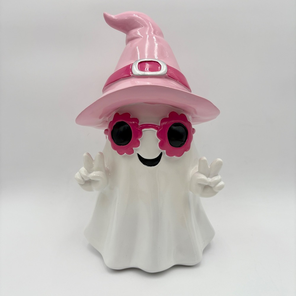 Ghost Figurine Pink Witch Hat Sunglasses Peace‎ Sign Halloween Spooky Decoration